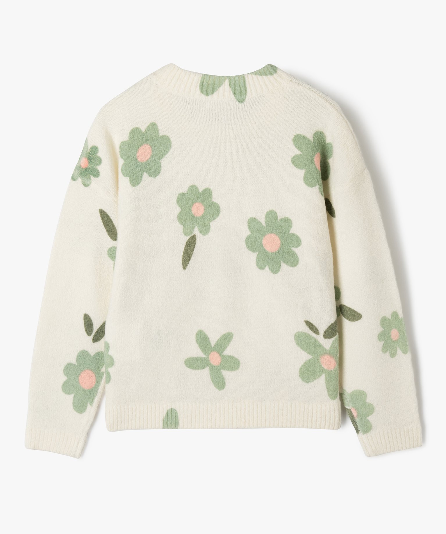 Pull à col rond en maille avec motifs fille ecru | GEMO