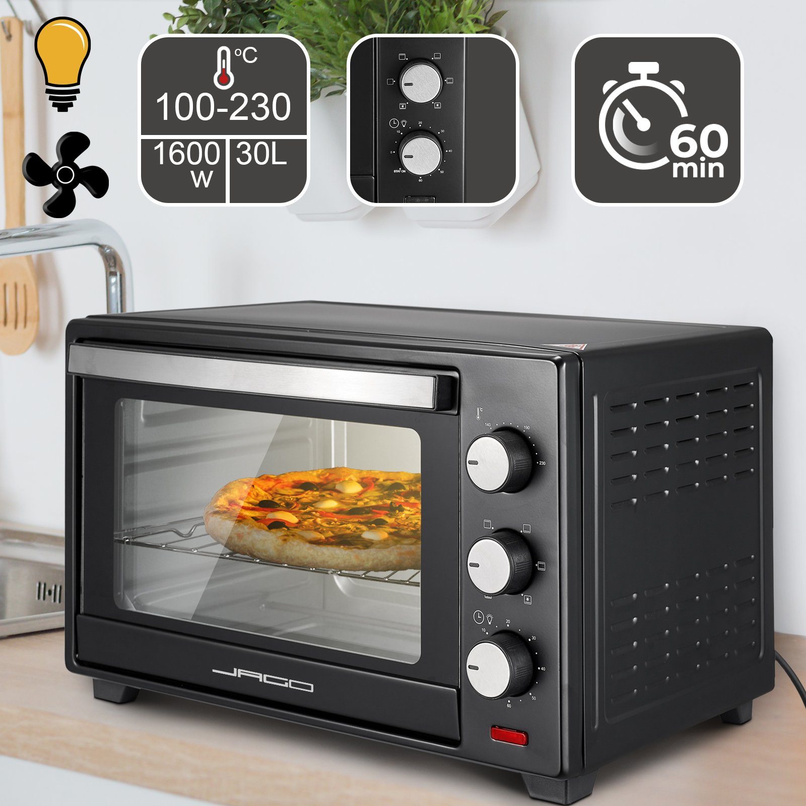 Jago Minibackofen mit 30/48/60L 1600/2000W Grill Mini Ofen Toastofen Pizzaofen