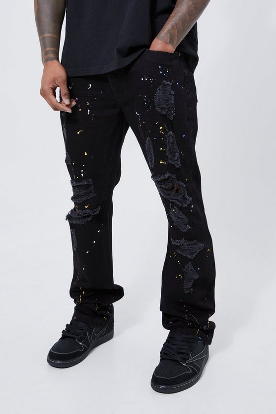 Slim-Fit Schlagjeans mit Farbspritzern