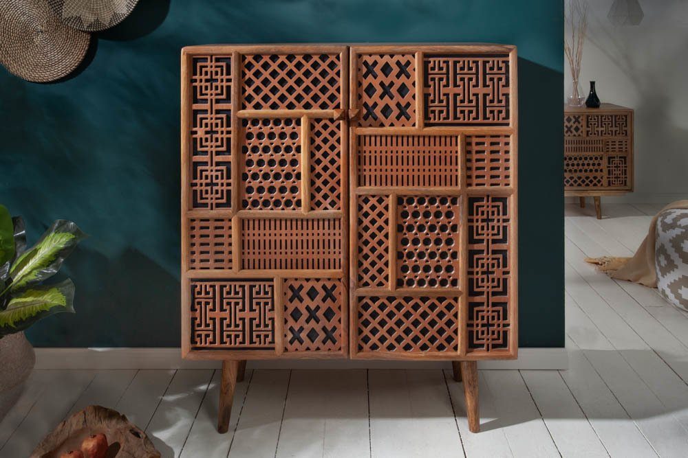 riess-ambiente Highboard MARRAKESCH 120cm natur, Massivholz · mit Verzierung · Boho · Anrichte · Akazie