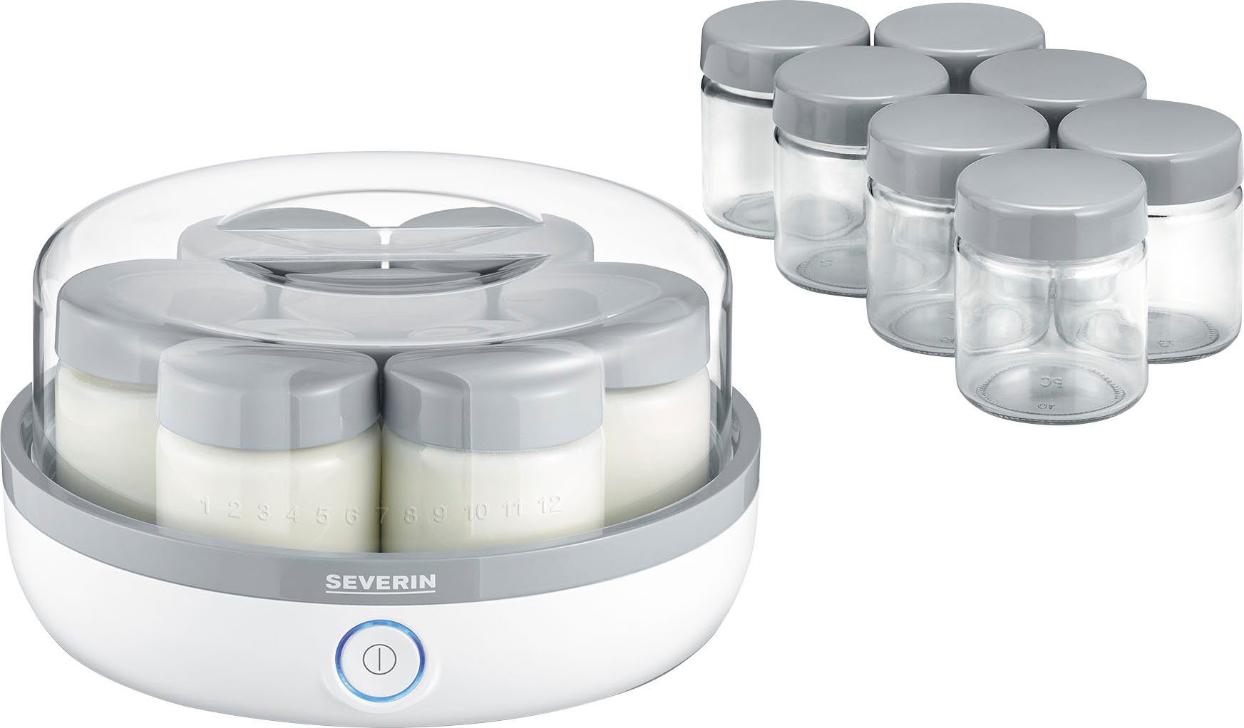 Severin Joghurtbereiter JG 3520, 14 Portionsbehälter, je 150 ml, 14 auslaufsichere Portionsgläser, transparenter Deckel
