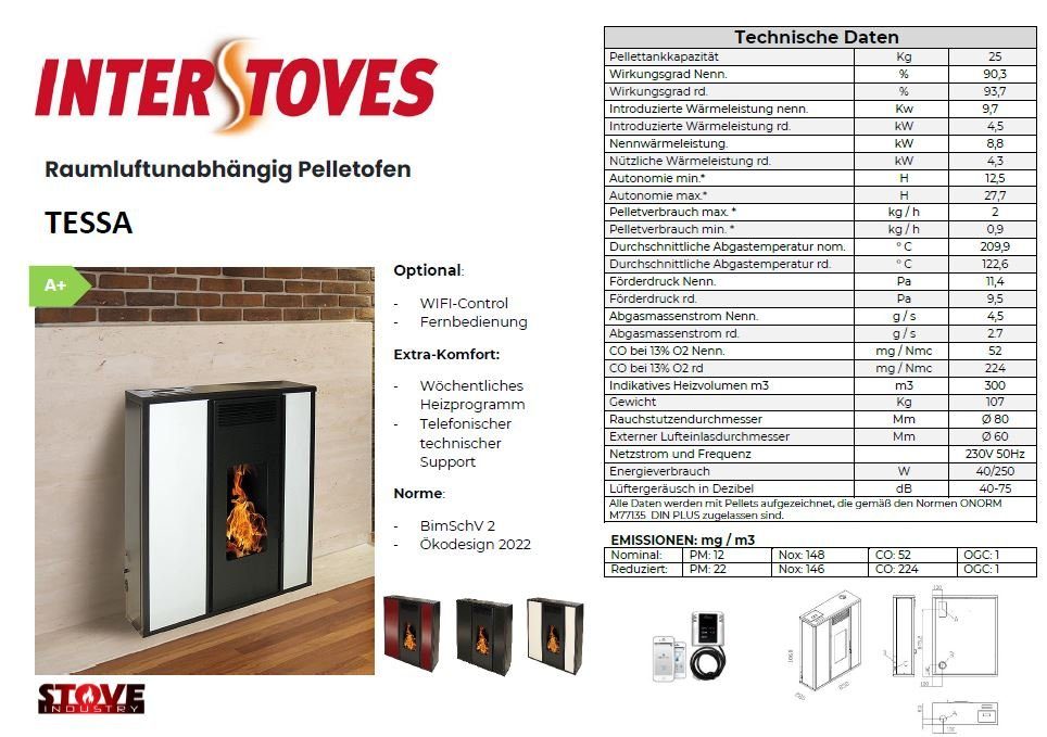 interstoves Pelletofen Pelletofen Tessa, 8,80 kW, Pelletofen, Wochenprogramm programmierbar