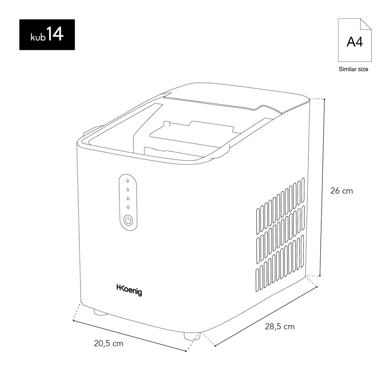 H.Koenig KUB14 Eiswürfelbereiter, 12kg in 24h, 2 Eiswürfelgrößen, Automatisch, Elektrisch