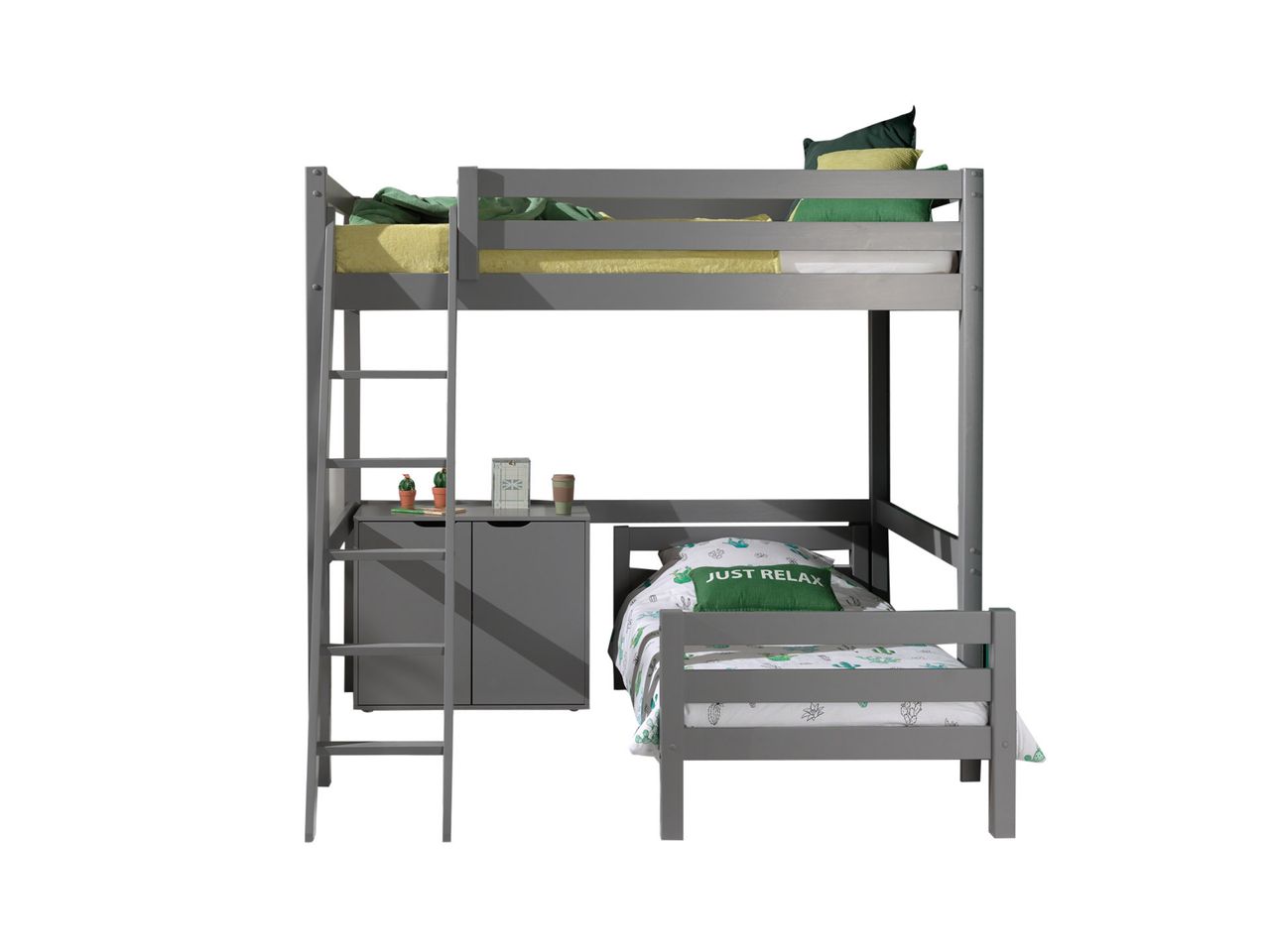 VIPACK Winkel Hochbett mit 2 Liegeflächen 90/140 x 200 cm und 2-trg. Kommode, Ausf. grau lackiert