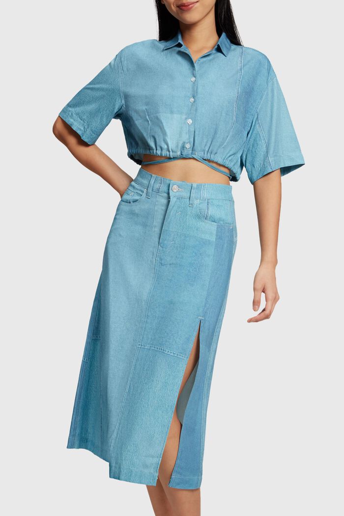 Gecroppte Bluse mit Denim-Print