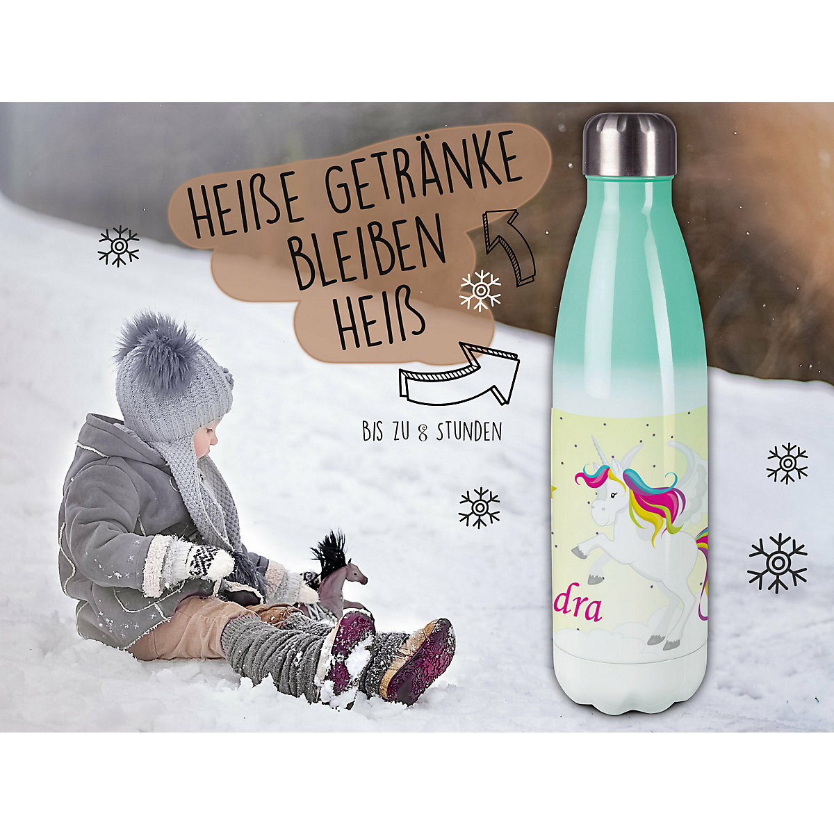Edelstahl Kinder Thermoflasche / Trinkflasche bunt Pegasus Farbe gelb Spülmaschinenfest, Auslaufsicher, Bruchfest, Doppelwandig, Für Heißgetränke geeignet, Mit Deckel, Isoliert