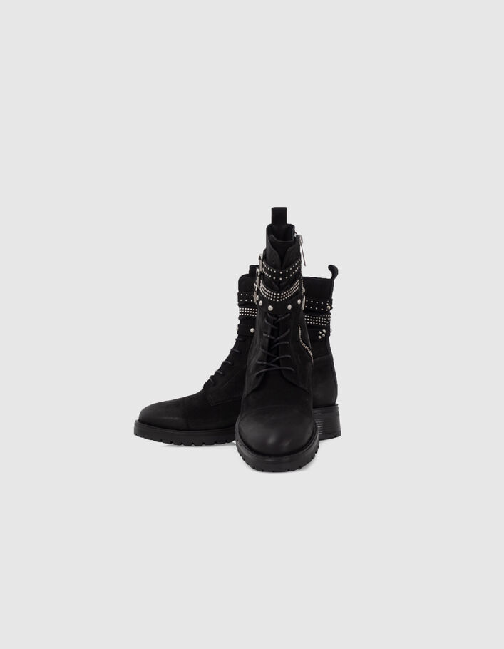 Boots à lacet noirs cuir à brides cloutées Femme