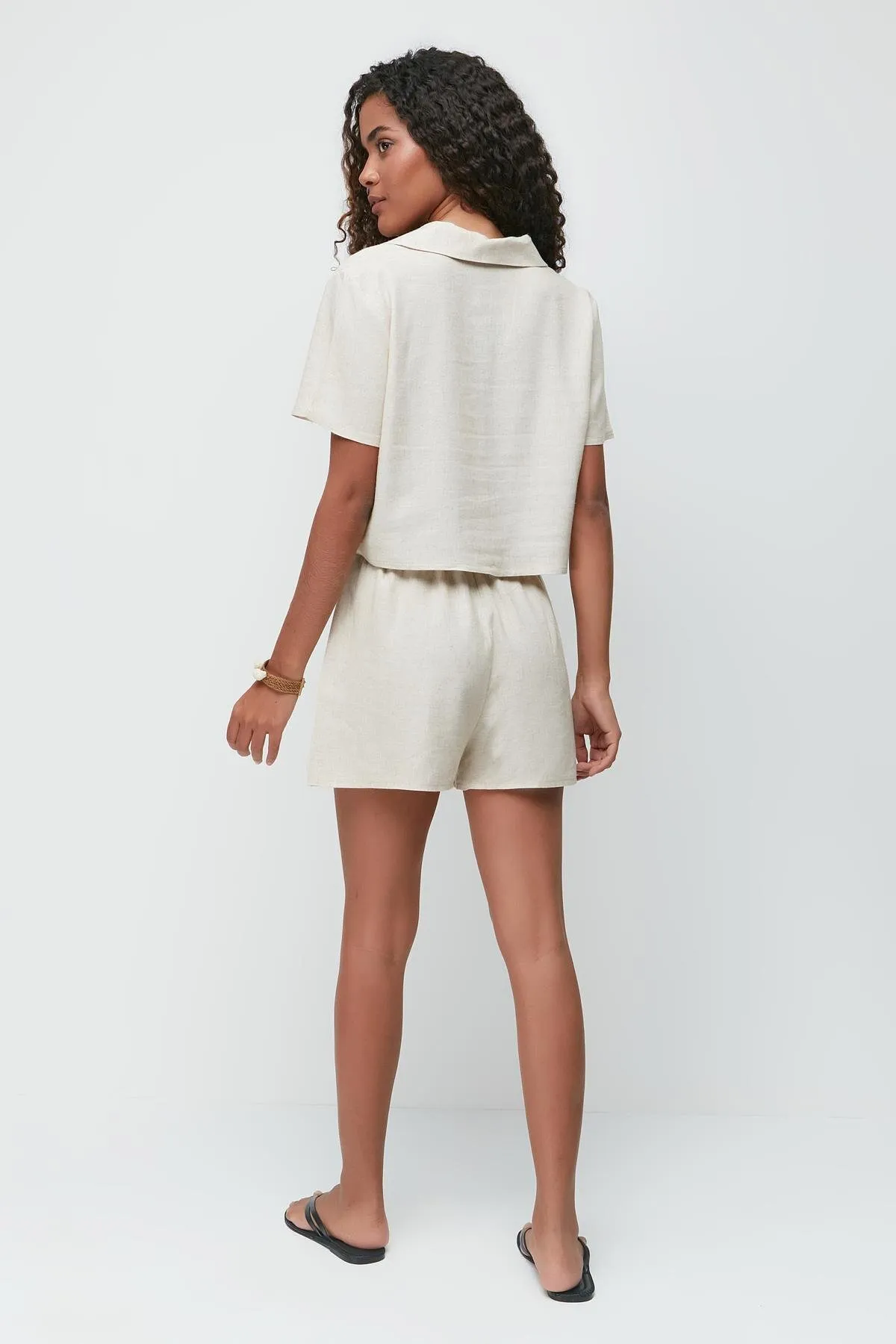 C&City  Kurzarm-Hemd-Shorts-Set aus Leinen mit Bedruckung 9144 Beige