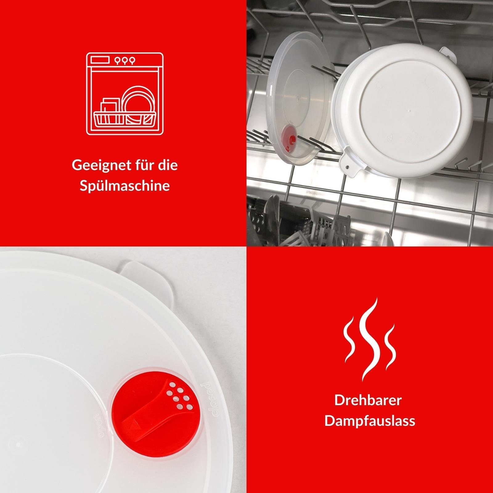 Plentyfy Mikrowellenbehälter Frischhaltedose rund 1 Liter mit Motiv und Dampfventil, Kunststoff, (Kasserolle 1 L rund BLUME mit Dampfventil ROT Mikrowellen-Geschirr, Premium), Meal Prep Boxen - Mikrowellengeschirr mit Deckel