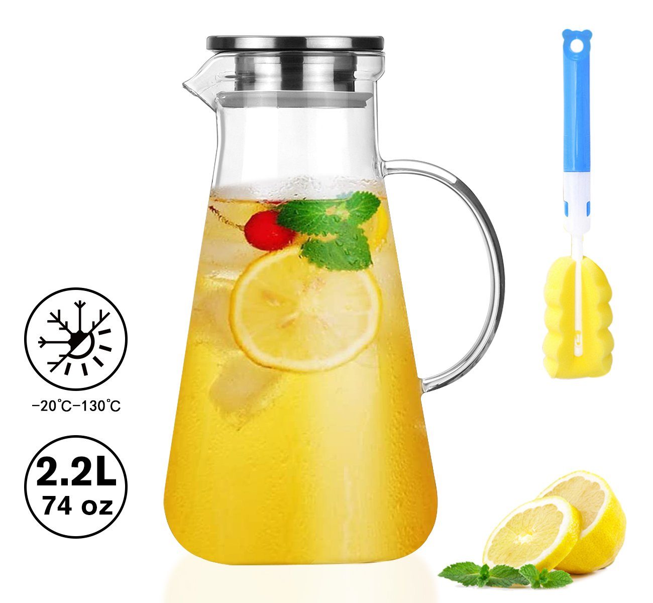 Homewit Wasserkaraffe 2,2L Glas Wasserkaraffe Wasserkrug Kühlkaraffe Glaskaraffe mit Edelstahl Filter, (Set, 1-tlg., 2.2 L), für die Zubereitung und Servierung von heißen oder kalten Getränken