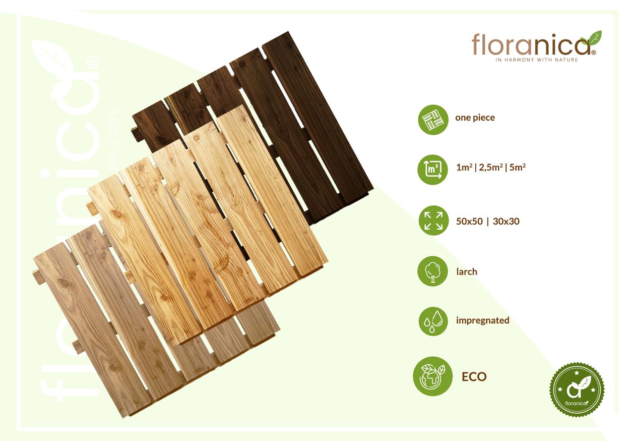 Pemicont Floranica Holzterrassenplatten 1 Stück 50x50 cm Lärchenholz Unbehandelt Boden für die Sauna Terrasse oder dem Balkon Holzfliese im Garten Gefräste Oberfläche Balkonfliesen