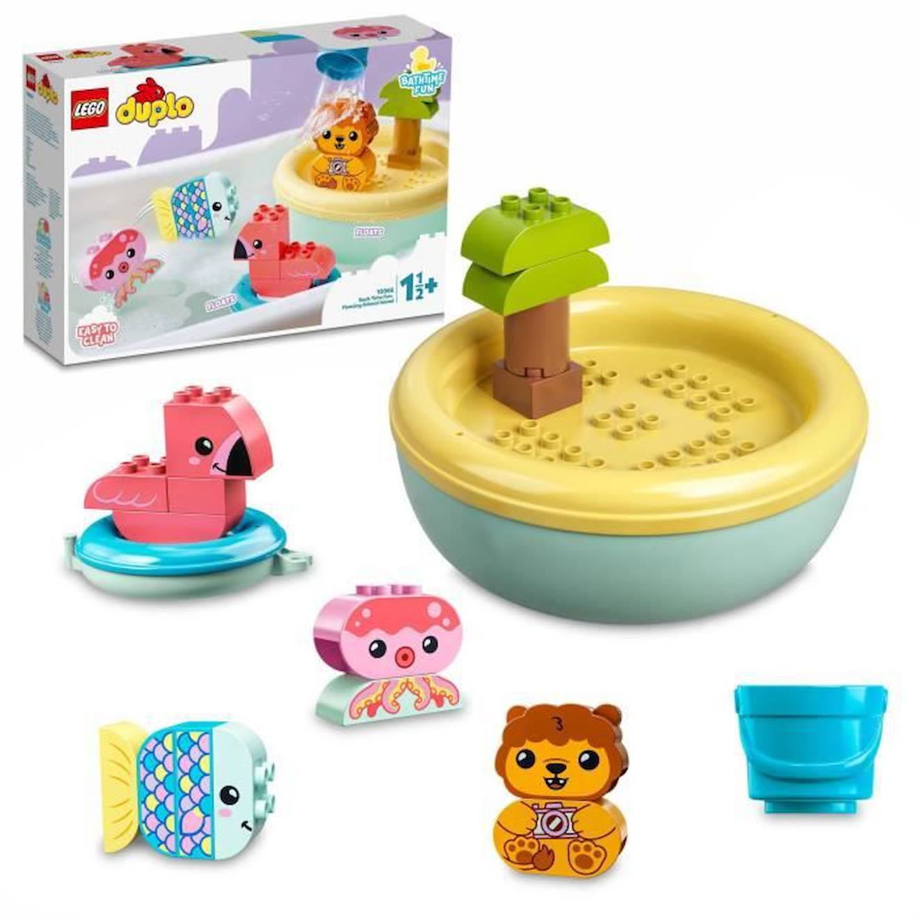 LEGO 10966 DUPLO Jouet de Bain : L’Île Flottante des Animaux, Figurine pour la Baignoire, Jeu d'Éveil, Jouet Bébés 18 Mois et Plus jaune
