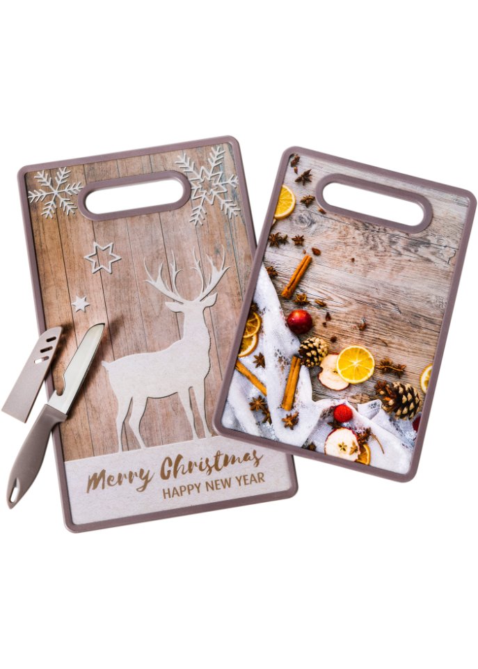 Schneidebrett mit Weihnachtsmotiv inkl. Messer (3-tlg.Set)