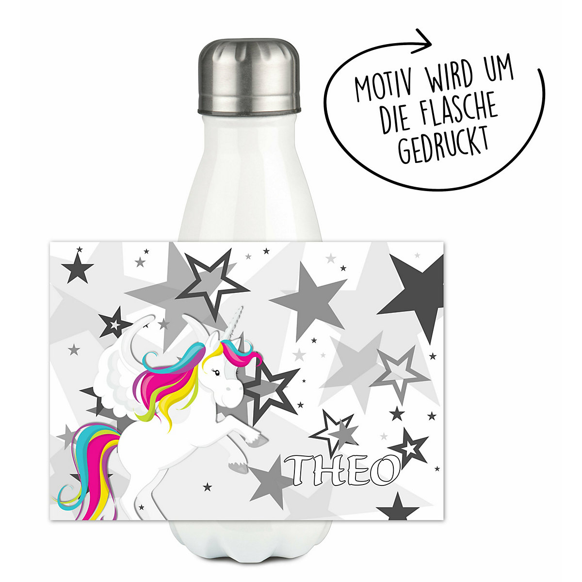 Edelstahl Kinder Thermoflasche / Trinkflasche bunt Pegasus Sterne Farbe grau Spülmaschinenfest, Auslaufsicher, Bruchfest, Doppelwandig, Für Heißgetränke geeignet, Mit Deckel, Isoliert