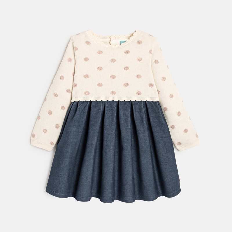 Robe bi-matière maille tricot et velours bleue bébé fille