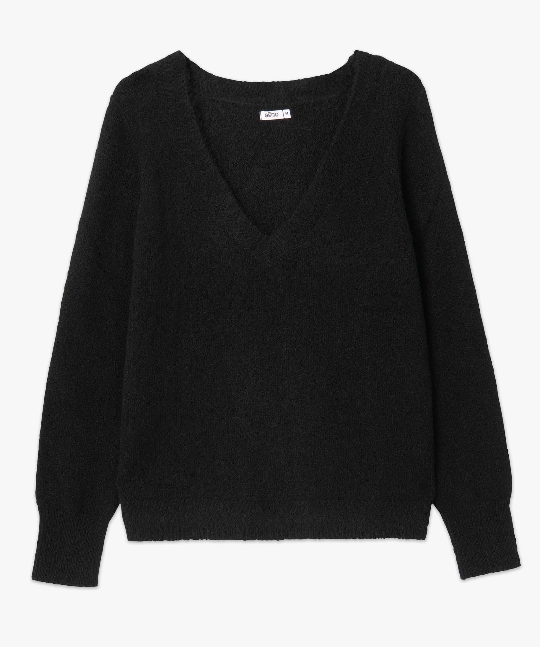 Pull femme à grand col V fantaisie noir | GEMO