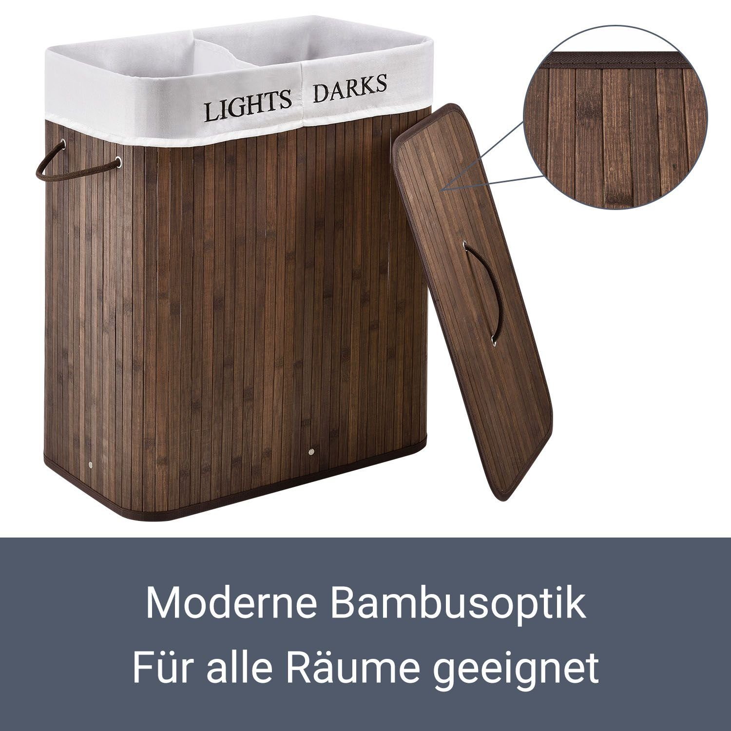 Juskys Wäschekorb Curly 100 L, 100 l, 2 große Fächer, mit Tragegriffe, Deckel, Wäschesack waschbar