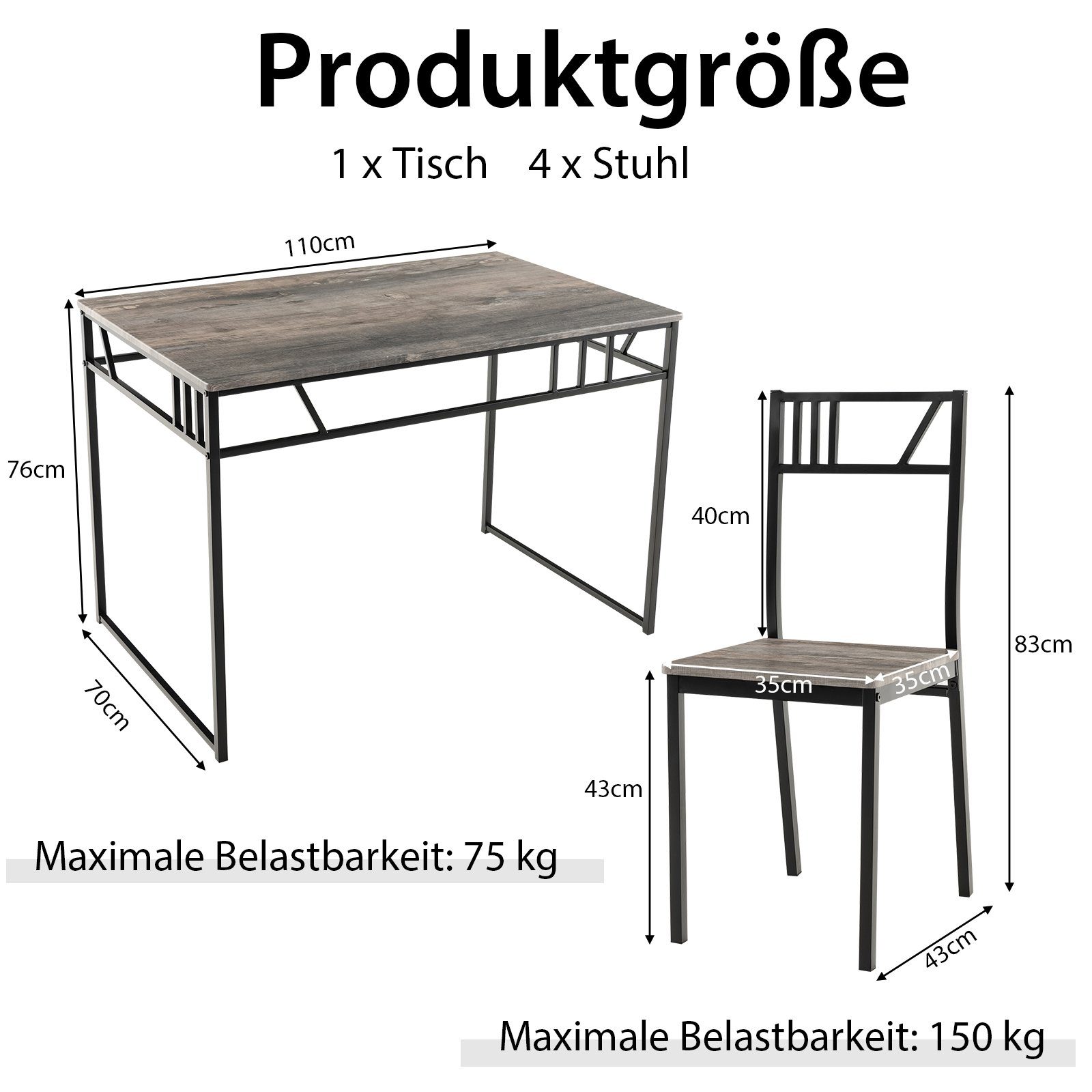 COSTWAY Essgruppe, 5 tlg.Esstisch mit 4 Stühlen, für 4 Personen, platzsparend