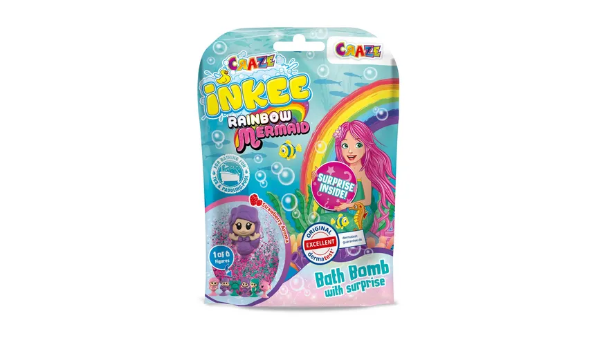CRAZE - INKEE Mermaid Badekugel mit Erdbeerduft - mit Überraschung (1 von 6 Saugnapf-Figuren) 80 g