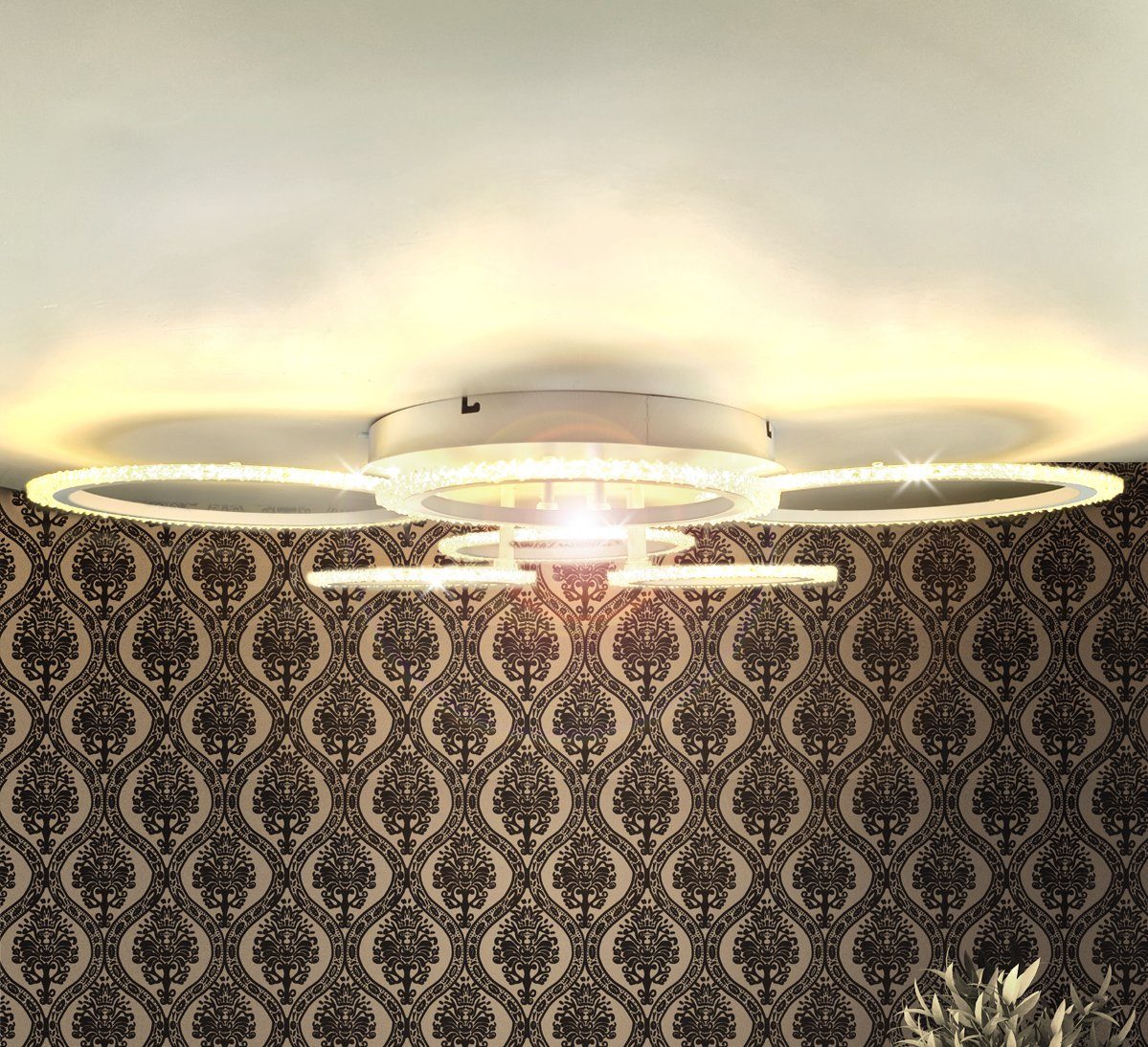 Lewima LED Deckenleuchte XL-XXL groß glitzernd funkelnd Deckenlampe 11-45W, Dimmbar per Fernbedienung, Einstellungen werden gespeichert, Farbwechsel Warmweiß / Kaltweiß / Neutralweiß einstellbar, 6 Ringe Weiß, 86x58cm
