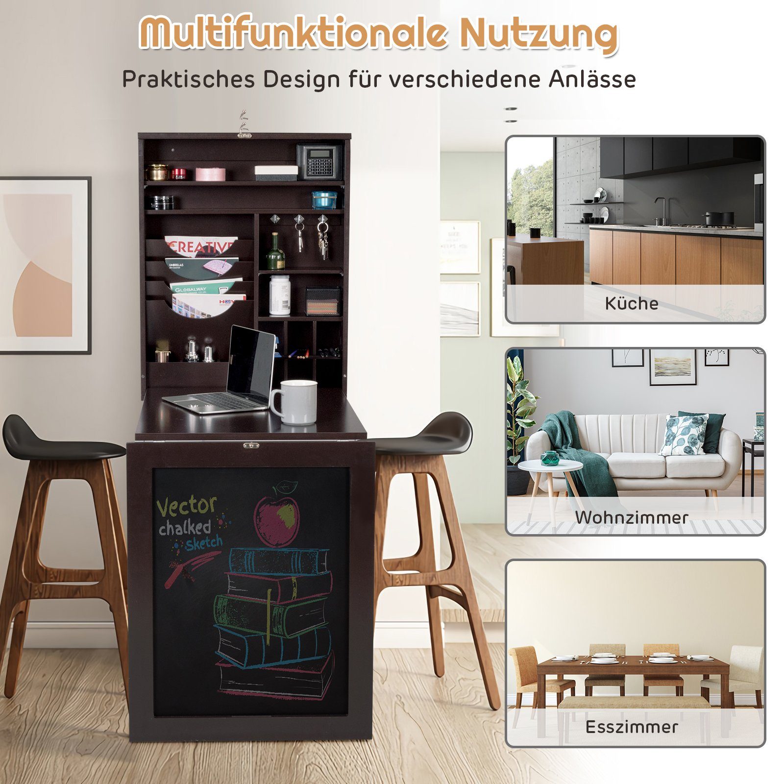 COSTWAY Klapptisch, Küche, Wand, Esstisch, mit Tafel, 87x60x150cm