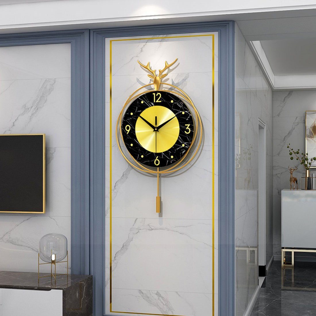 DÖRÖY Wanduhr 50CM Hirschkopf Wanduhr für Wohnzimmer,moderne kreative stumme Wanduhr