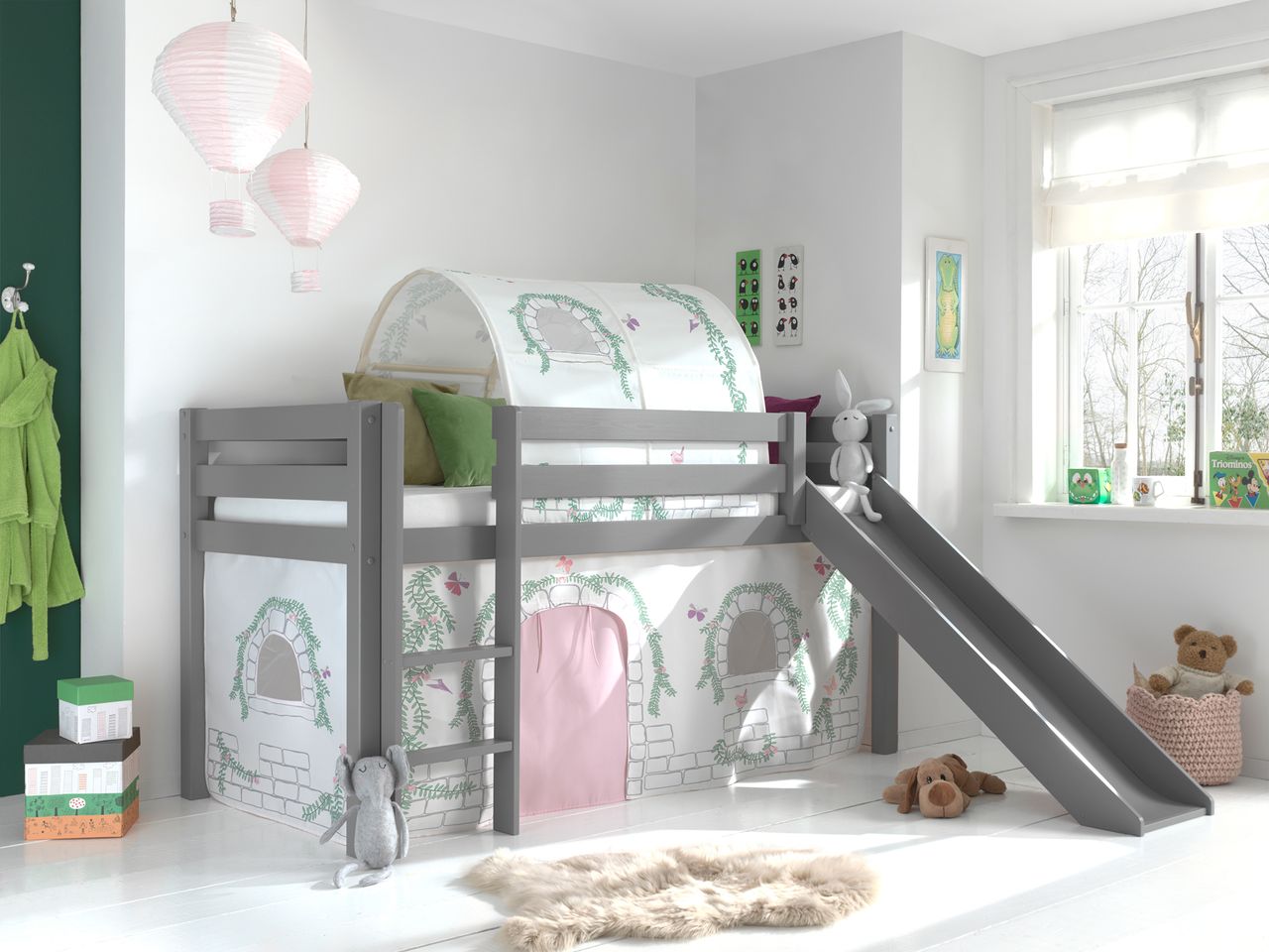 VIPACK Spielbett Pino inkl. Rutsche mit Textilset Vorhang und Tunnel 