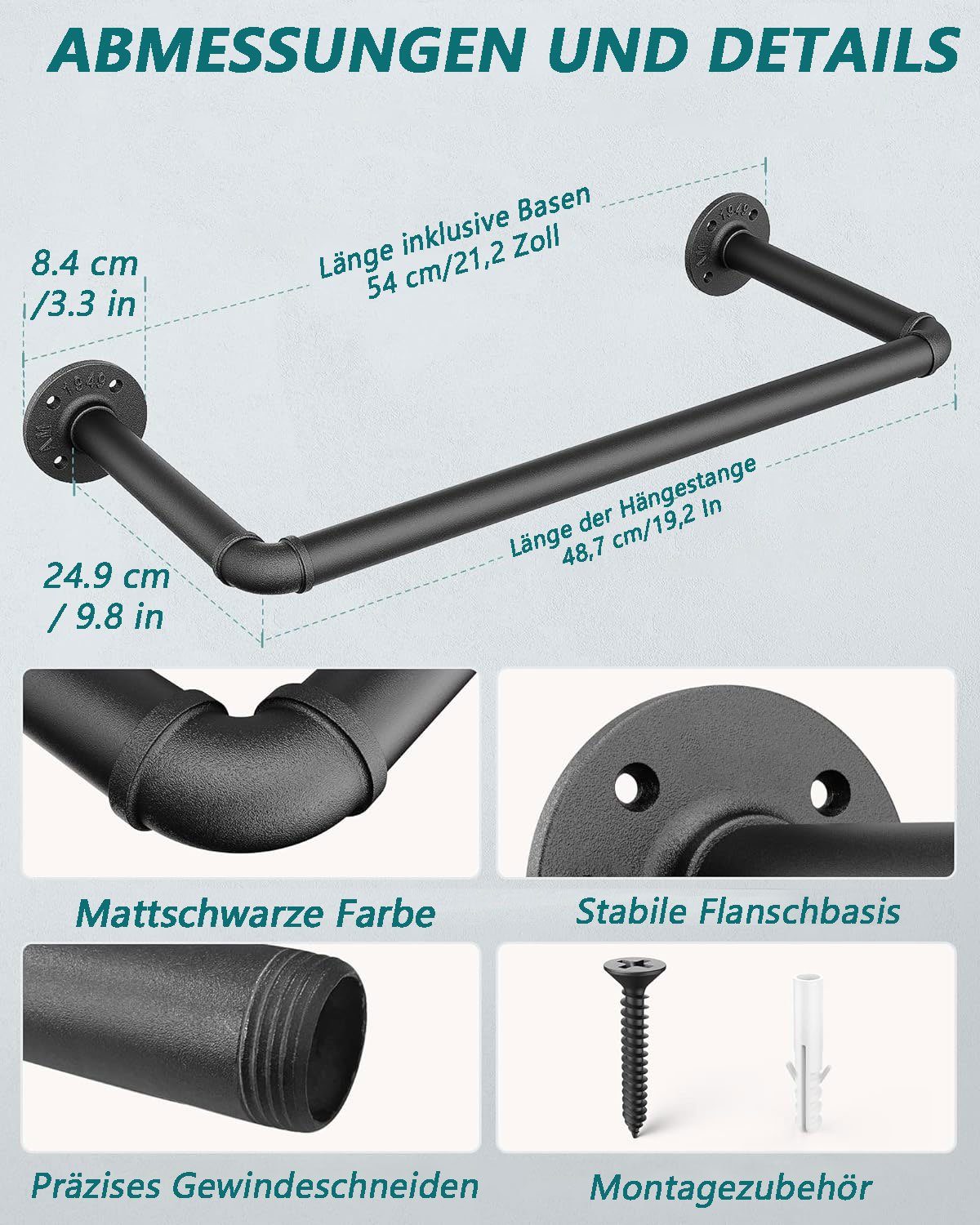 Sarfly Wäscheständer Industrierohr Kleiderstange,49 cm Kleiderstangen wandmontage, Abnehmbare Retro- Garderobenstangen aus Metall