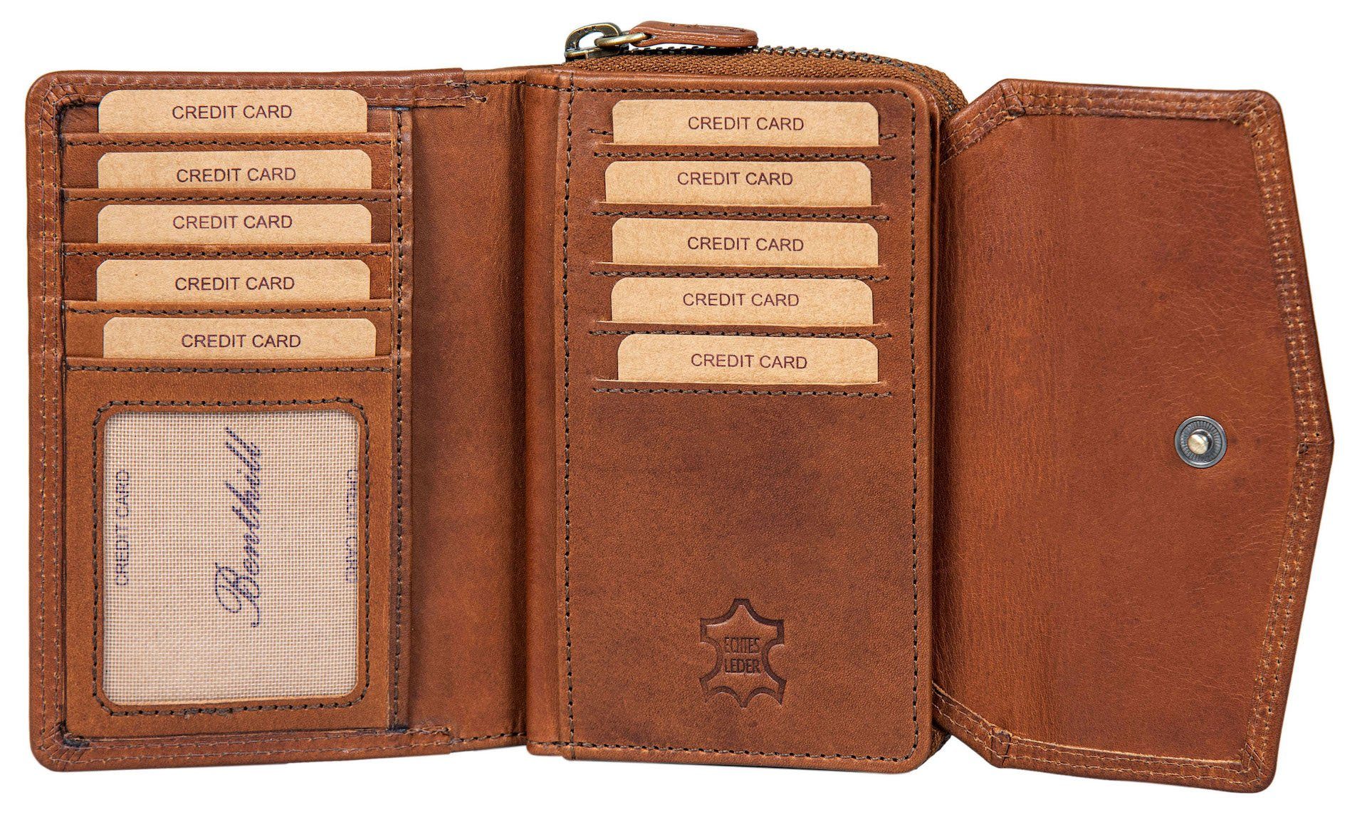 Benthill Geldbörse Damen Portemonnaie Echt Leder Vintage Portmonee Kreditkartenetui, RFID-Schutz Kartenfächer Münzfach Reißverschlussfach