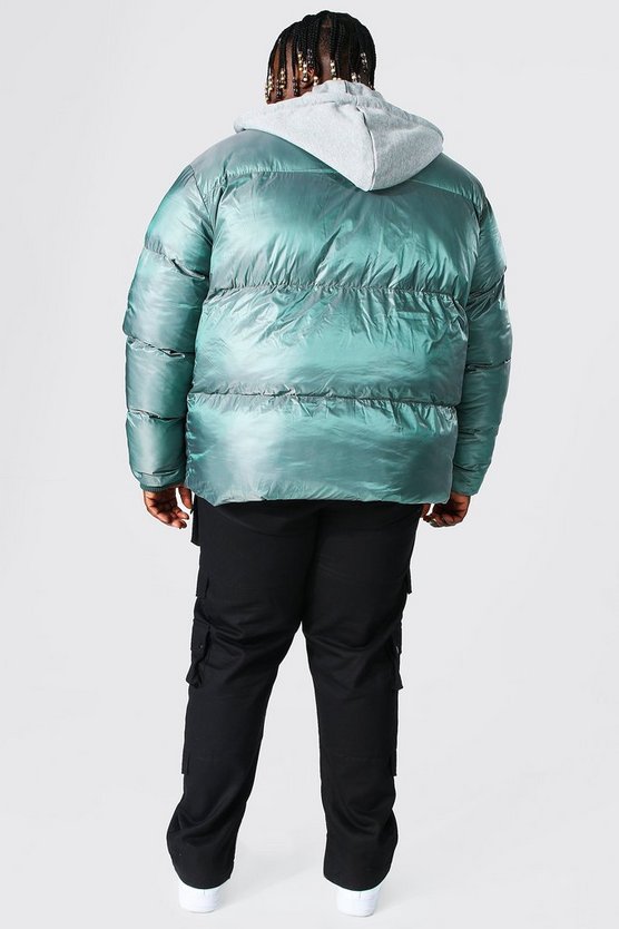 Plus zweifarbige Steppjacke mit abnehmbarer Jersey-Kapuze
