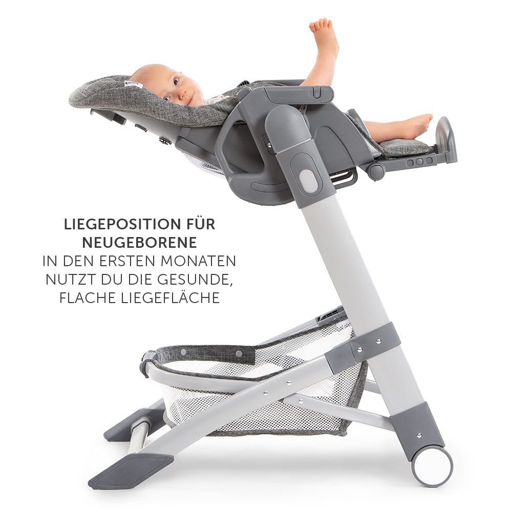 Hauck Hochstuhl Grow Up - Melange Grey, Newborn Babystuhl ab Geburt mit Liegefunktion, Rollen, klappbar