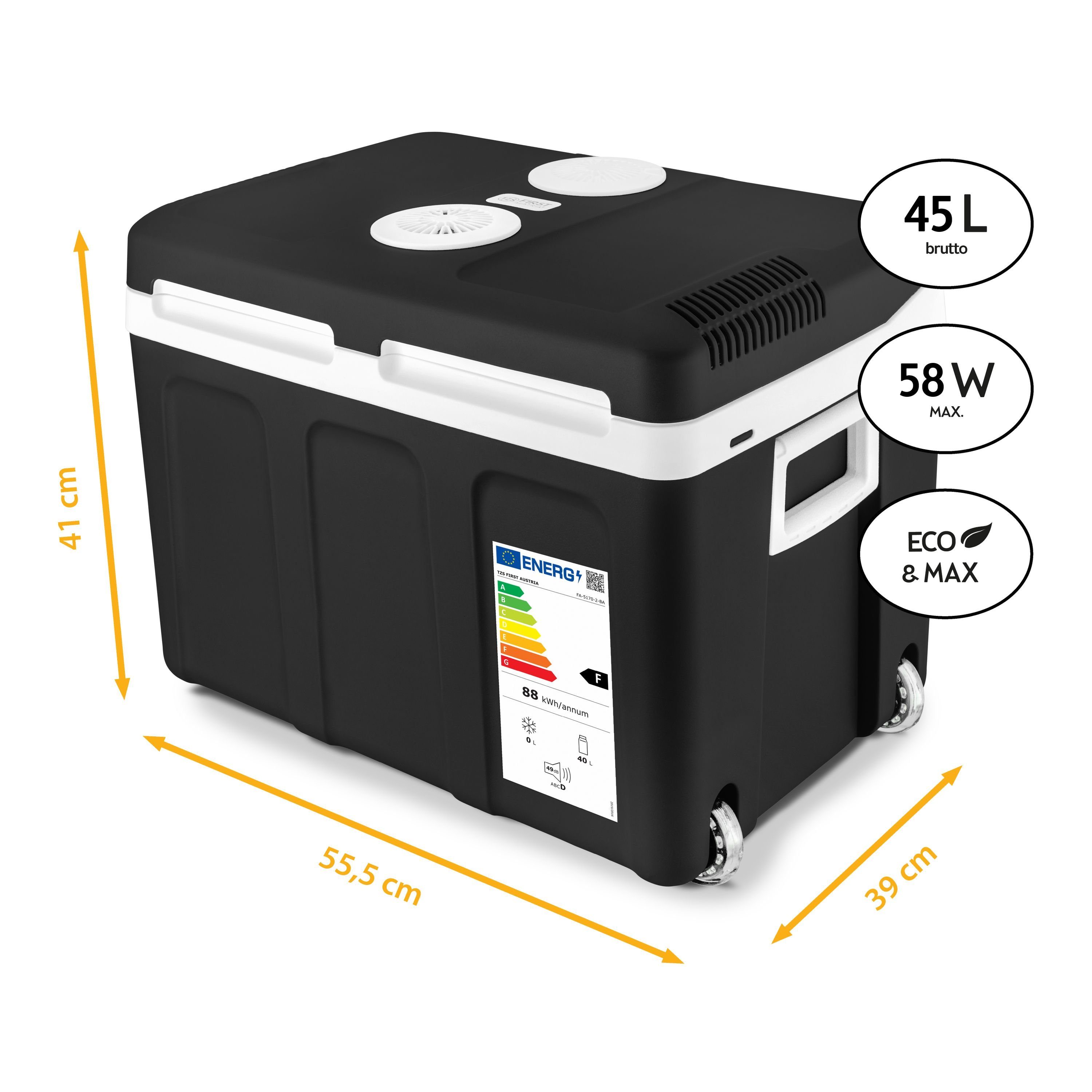 TZS FIRST AUSTRIA Elektrische Kühlbox elektrische Kühlbox, 45L, 12V /230V Anschluss, 12-V-Stecker fürs Auto, für Camping, Festivals, Reisen, mit Kühl- und Warmhaltefunktion