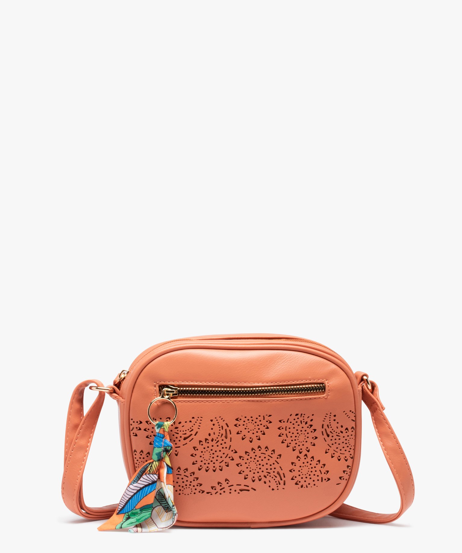 Sac femme petit format avec motif ajouré et breloque en tissu orange clair | GEMO