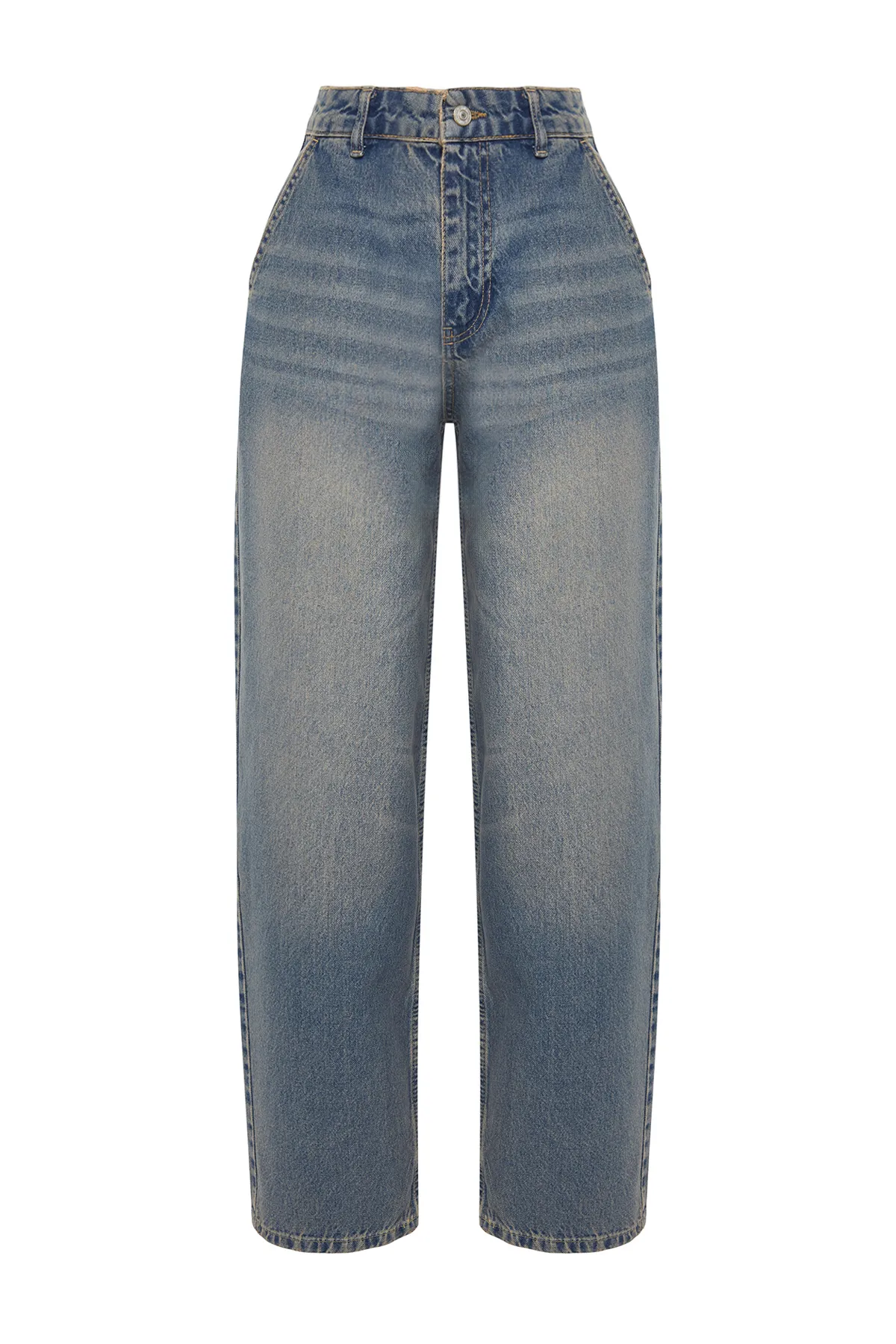 Trendyol Collection  Dunkelblaue Vintage-Skater-Jeans mit niedriger Taille und verblasstem Effekt TWOSS24JE00052
