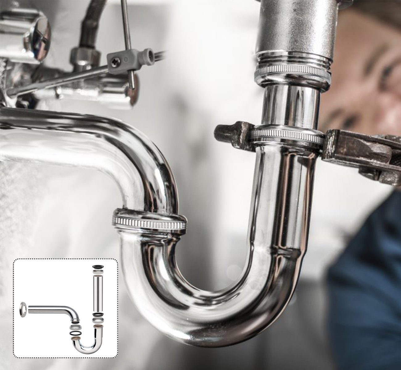 Homewit Siphon Universal Siphon für Waschbecken & Waschtisch, (Set, 1-tlg., Edelstahl Röhrensiphon), Verchromt, 1/4