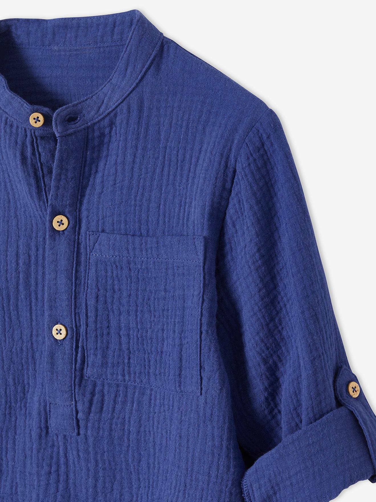 Chemise garçon en gaze de coton manches retroussables bleu moyen