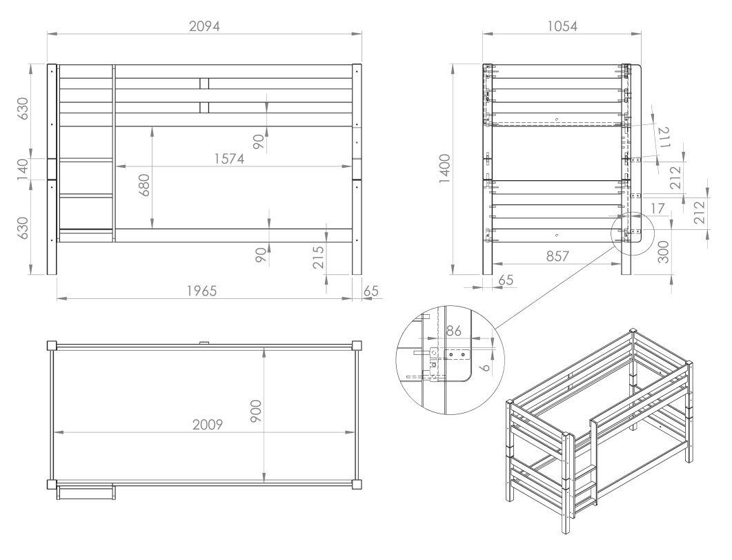 VIPACK Etagen-Hochbett Pino 140 cm Höhe, Ausf. Kiefer massiv weiß lackiert