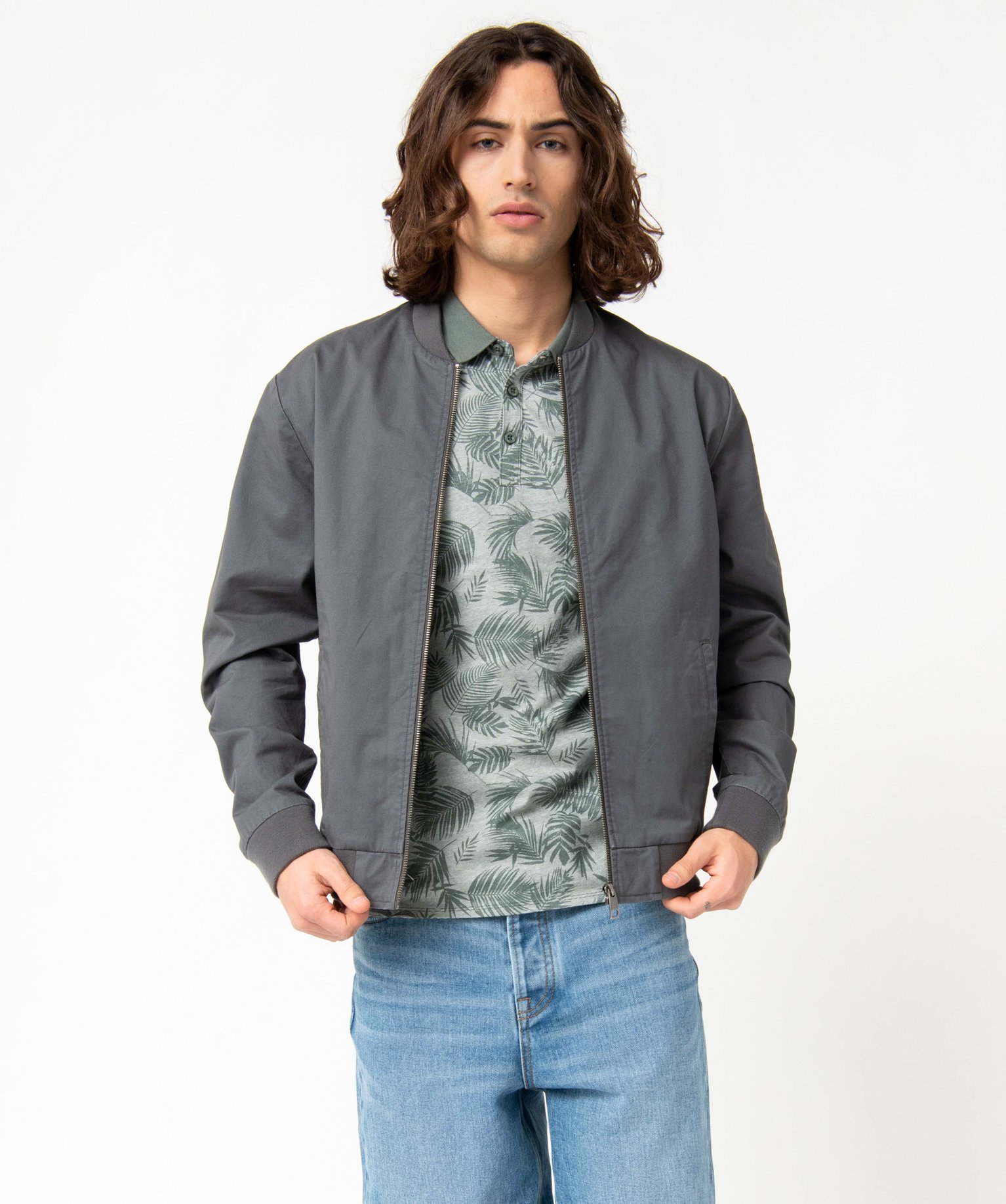 Blouson homme zippé en toile de coton gris | GEMO