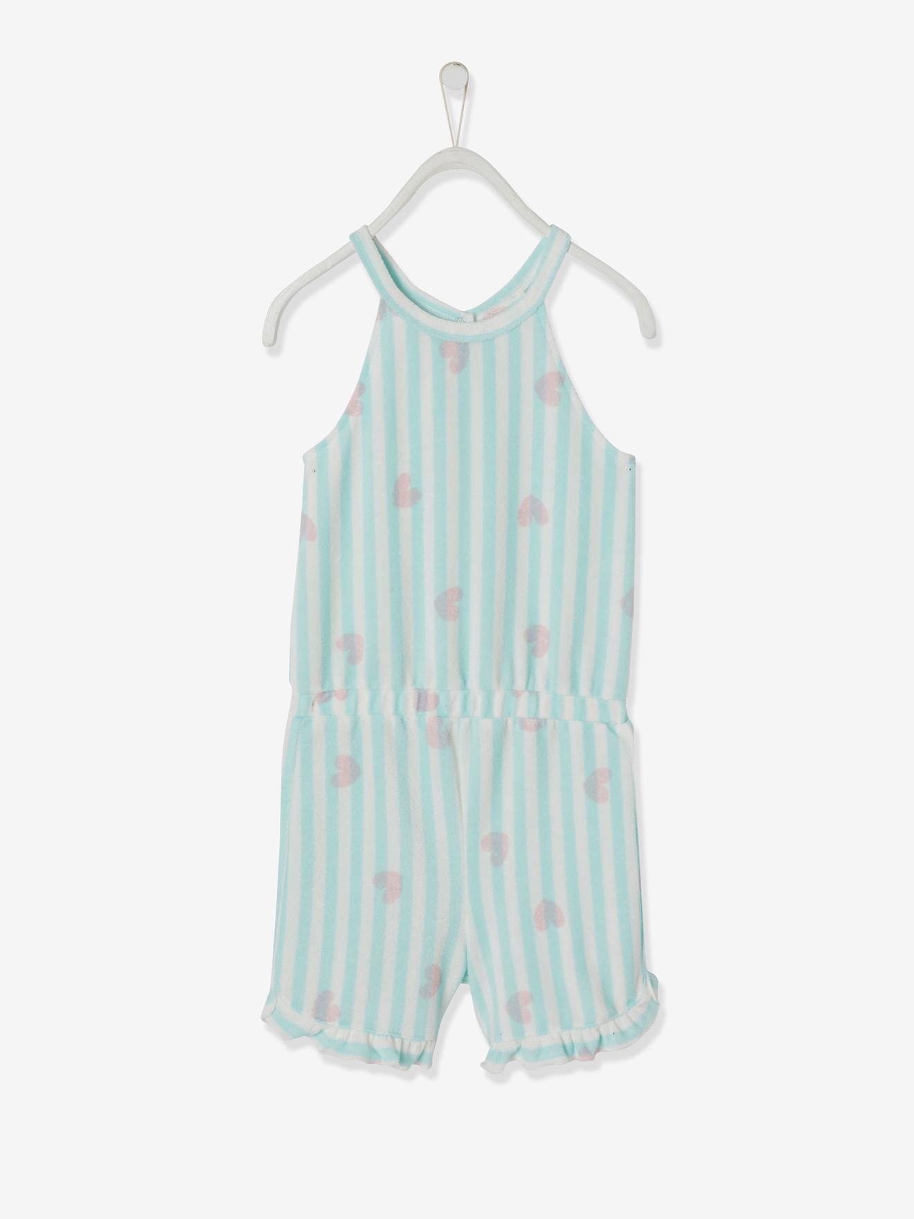 Vertbaudet Kurzer Mädchen Jumpsuit, Frottee - hellblau/weiß gestreift
