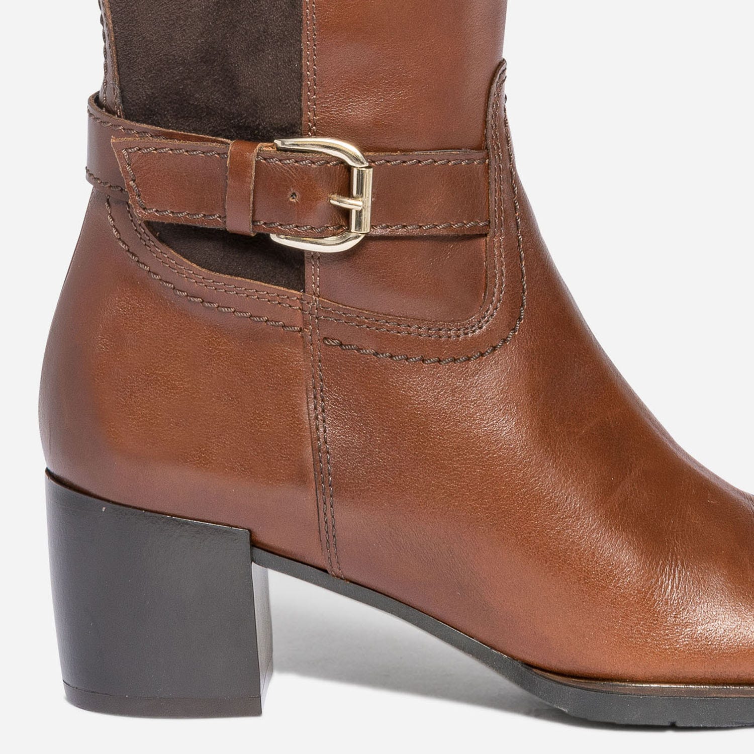 Botte à talon cognac en cuir pour mollet fin