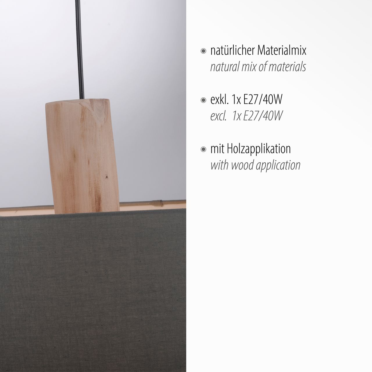 JUST LIGHT LeuchtenDirekt Pendelleuchte LINEN, Holzapplikation, natürlicher Materialmix, 2x E27/60W exkl., Innenleuchte, IP20