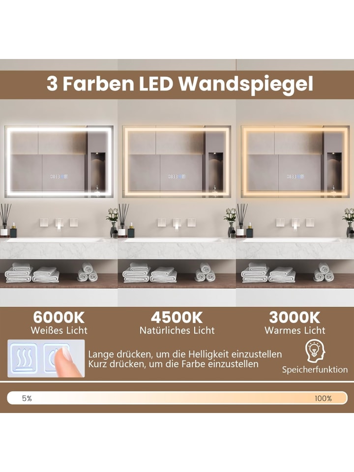 COSTWAY Badspiegel LED 3000-6000K mit Zeitanzeige & Speicherfunktion in Silber günstig kaufen onesize