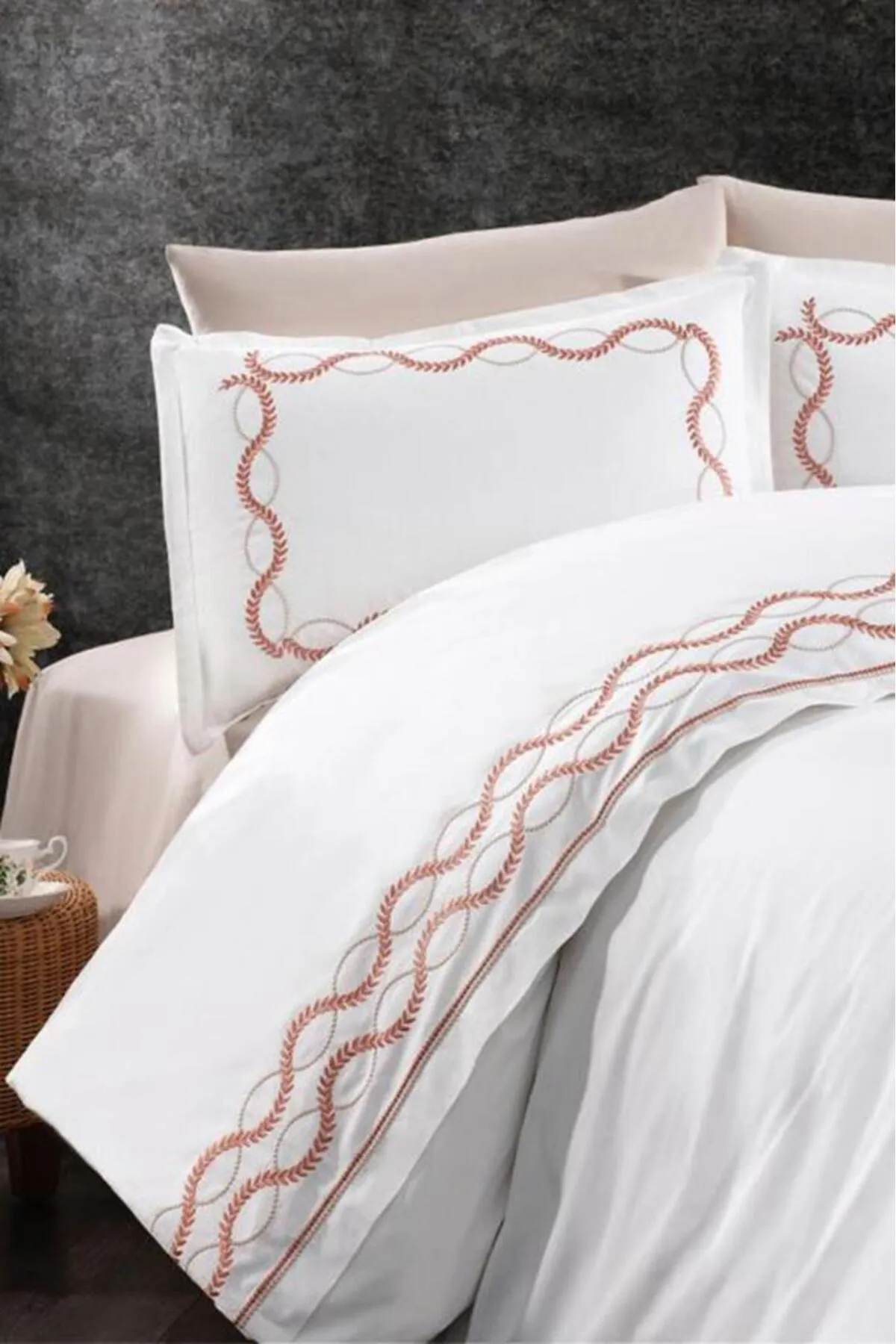 Çeyiz Diyarı  Başak Besticktes Bettwäscheset für Doppelbett, 100 % Baumwolle, Zimt