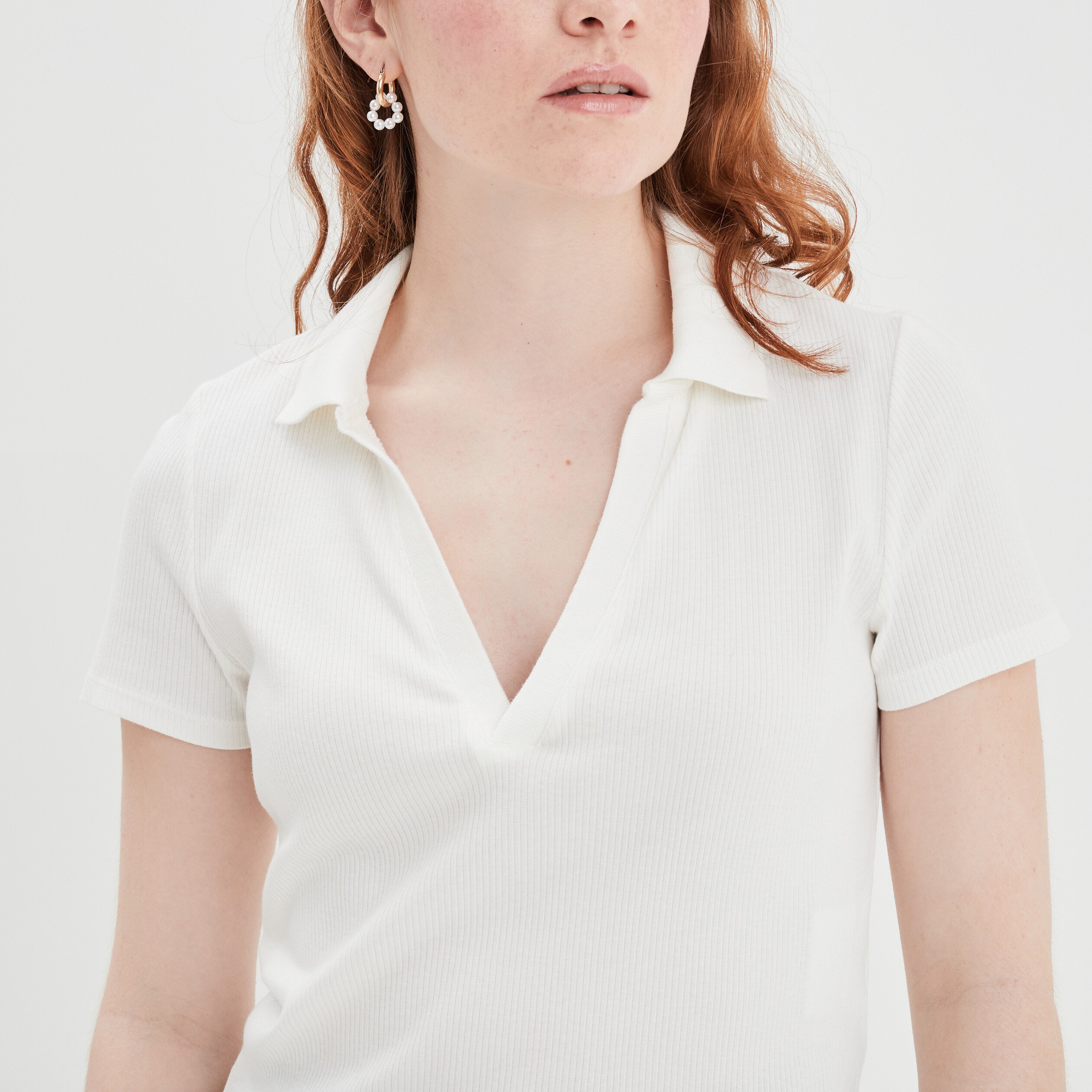 T-shirt court côtelé col polo coton blanc femme | La Halle
