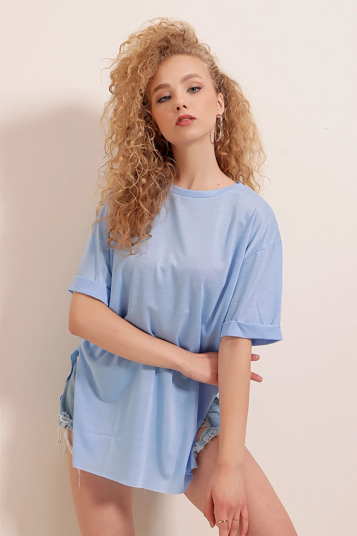 Bigdart  4123 Geschlitztes Oversize-T-Shirt – Türkis