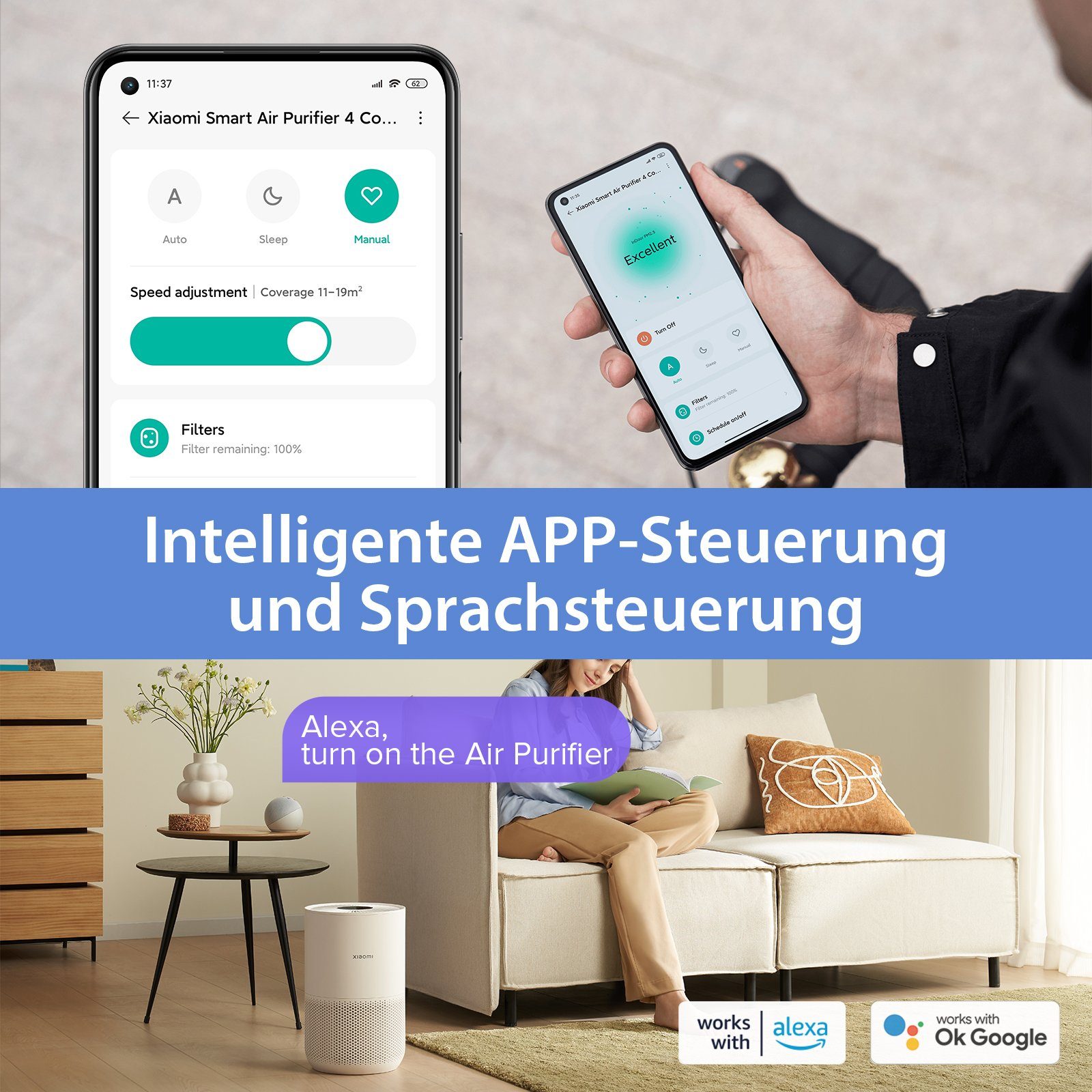 Xiaomi Luftreiniger Smart Air Purifier 4 Compact Luftreiniger, für 27 m² Räume, Removes up to 99.97% Pet Hair, Dust, Viruses & Aerosols