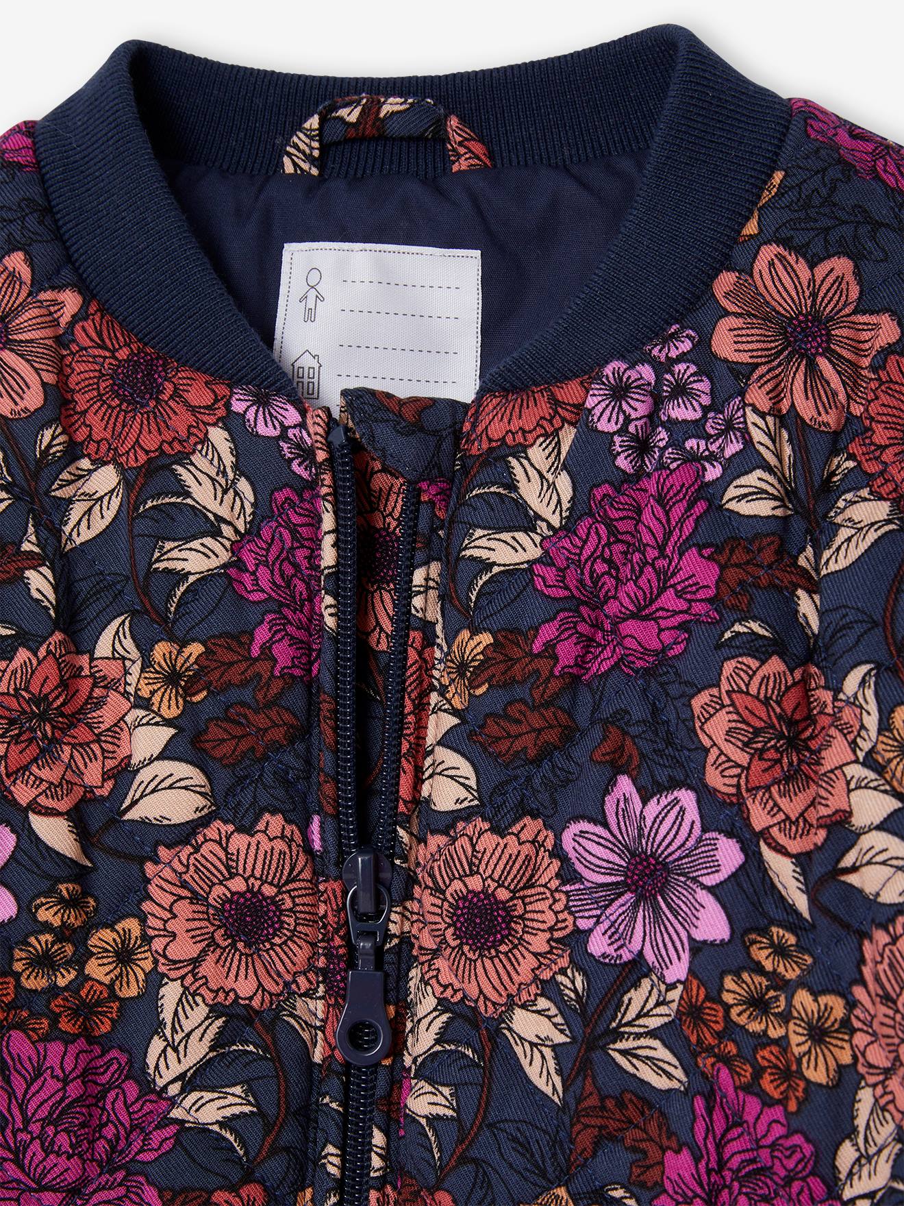 Blouson matelassé style bomber motifs fleurs fille bleu nuit
