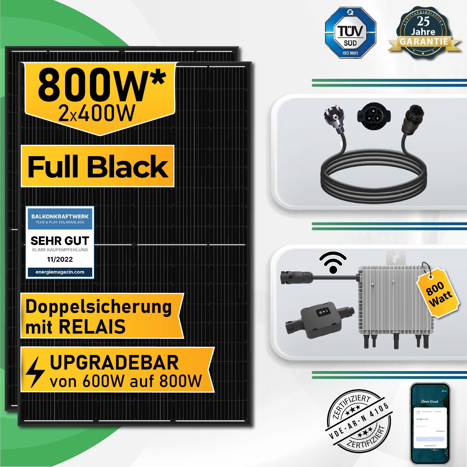 Campergold Solaranlage 800W Balkonkraftwerk Komplettset mit 400W Black Frame Solarmodule, Monokristallin, (Neu Generation 800W Deye WIFI Wechselrichter mit Relais), Balkon-Solaranlage steckerfertig für Ihr Haus, Plug & Play