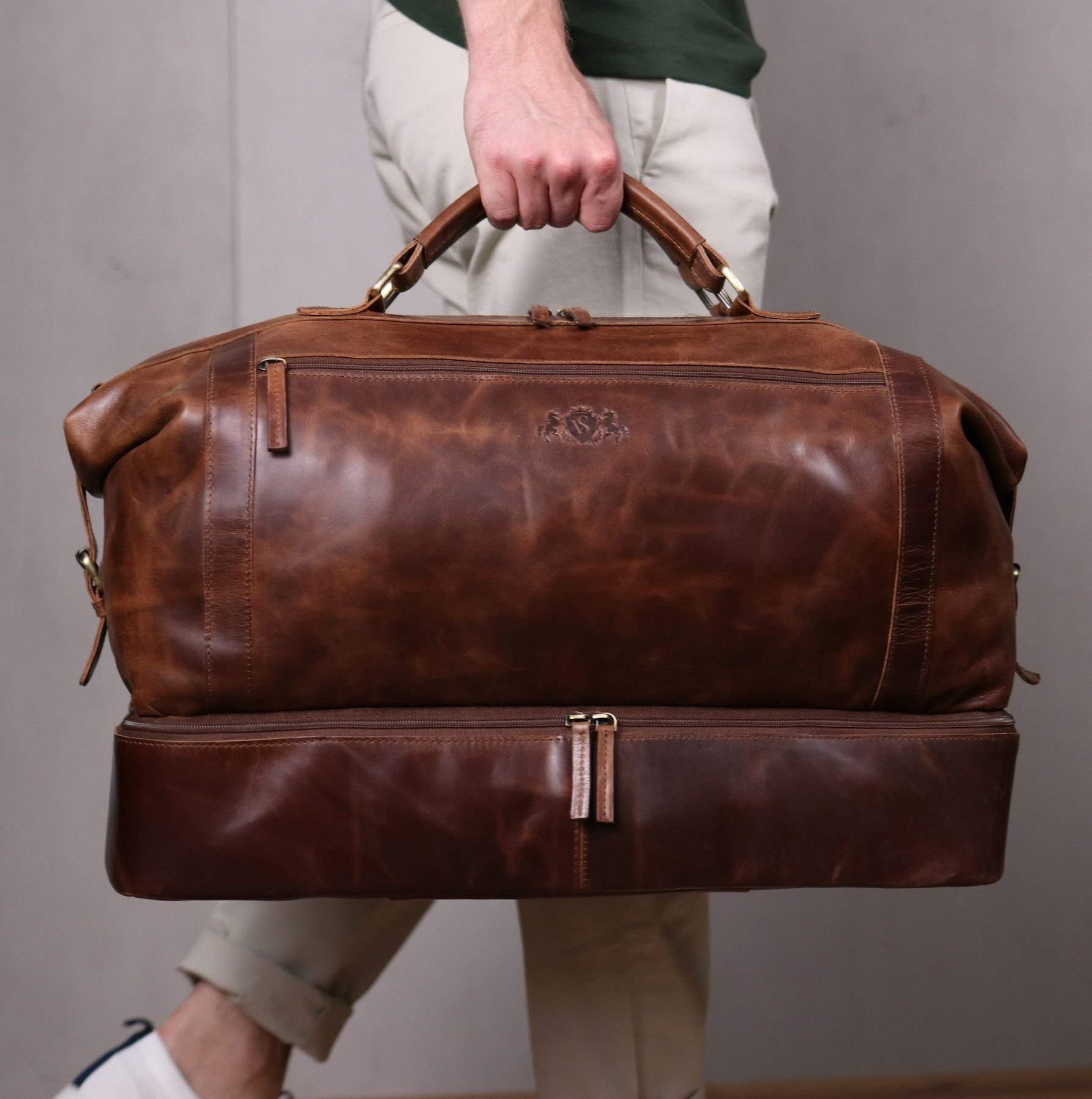 SID & VAIN Reisetasche Leder Weekender Unisex KINGSTON, Echtleder Reisegepäck für Damen & Herren, Sporttasche XL braun-cognac
