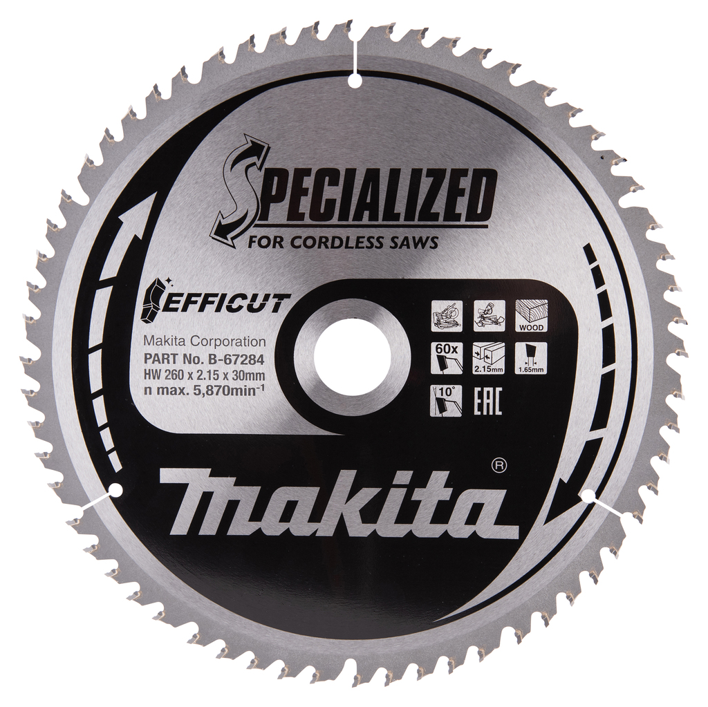 Makita Tilbehør B-67284 HM sagblad Spesifikasjon Tre 260 x 30 x 60T